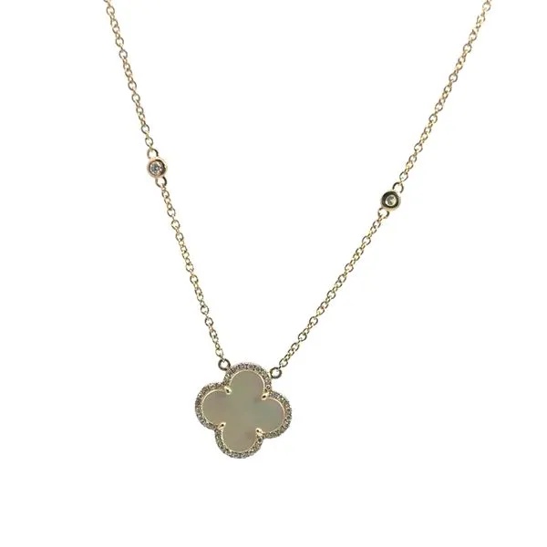 14KT YG NECKLACE WITH CLOVER MOTHER OF PEARL 1.87TW WITH ROUND DIAMONDS SURROUNDING AND ON CHAIN .17CTTW Lennon's W.B. Wilcox Jewelers New Hartford, NY