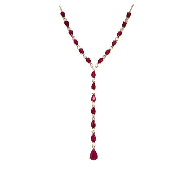 14Kt Yellow Gold  Dangle Necklace Containing Alternating Pear Rubies 4.7CTTW and Round Diamonds .67CTTW Lennon's W.B. Wilcox Jewelers New Hartford, NY