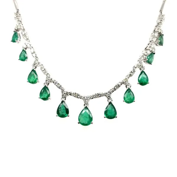14KT WG NECKLACE CONTAINING 11 PEAR SHAPED HANGING EMERALDS 8.10CTTW WITH ROUND DIAMONDS IN BETWEEN 1.83CTTW Lennon's W.B. Wilcox Jewelers New Hartford, NY