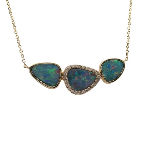 14K YG 18" NECKLACE WITH 3 AUSTRALIAN OPALS- 3.48 CTTW SET IN CONNECTED BEZELS. THE CENTER BEZEL HAS DIAMONDS ALL AROUND  .15 CTTW Lennon's W.B. Wilcox Jewelers New Hartford, NY