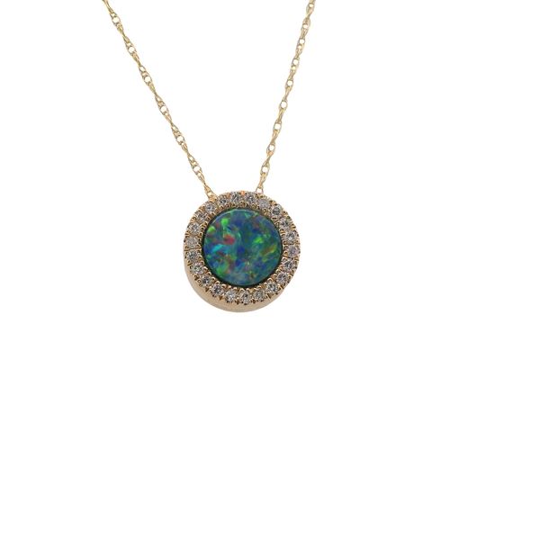 14K YG AUSTRALIAN OPAL .50 CT AND DIAMOND .13 CTTW PENDANT ON 18" FINE ROPE CHAIN Lennon's W.B. Wilcox Jewelers New Hartford, NY