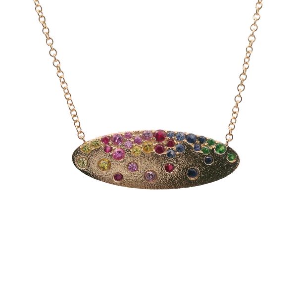 14K YG GENUINE MULTI-STONE SIDEWAYS OVAL  PENDANT CONTAINING RUBIES .10 CTTW, SAPPHIRES - .35 CTTW, TSAVORITE - .06 CTTW  18" Lennon's W.B. Wilcox Jewelers New Hartford, NY