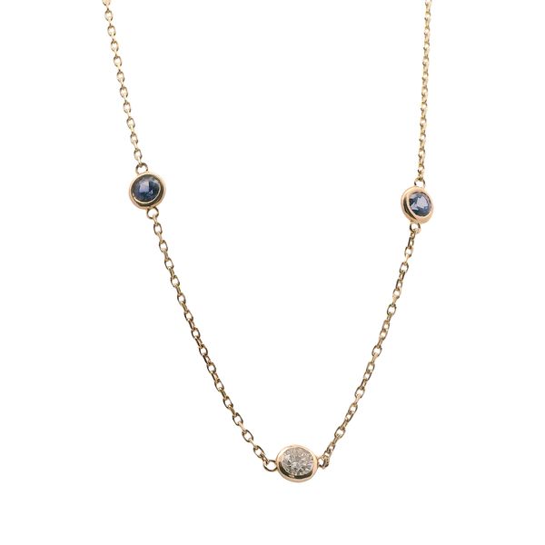 14K YG 18" SAPPHIRE AND DIAMOND BEZEL NECKLACE  5- DIAS.==1.25 CTTW 5- SAPPH. = 1.12 CTTW Lennon's W.B. Wilcox Jewelers New Hartford, NY