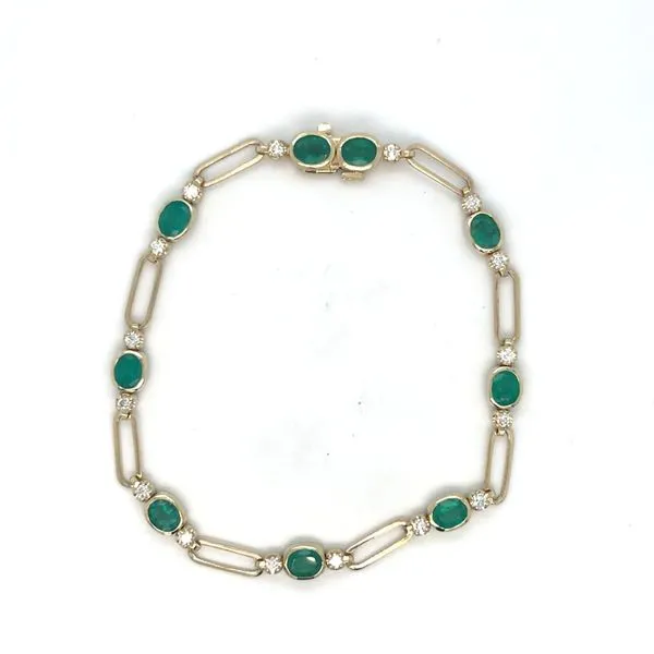 14Kt Yellow Gold Paperclip Bracelet with Oval Bezel Emeralds 3.18CTTW  and Round Diamonds .46CTTW Lennon's W.B. Wilcox Jewelers New Hartford, NY