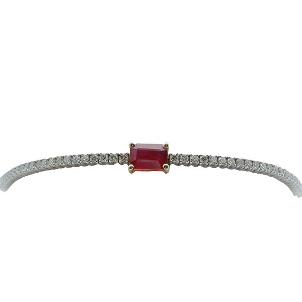 Lady's Two Tone 14 Karat Tennis Bracelet With 1.73Tw Round Diamonds And One 0.68Ct Emerald Cut Ruby Lennon's W.B. Wilcox Jewelers New Hartford, NY