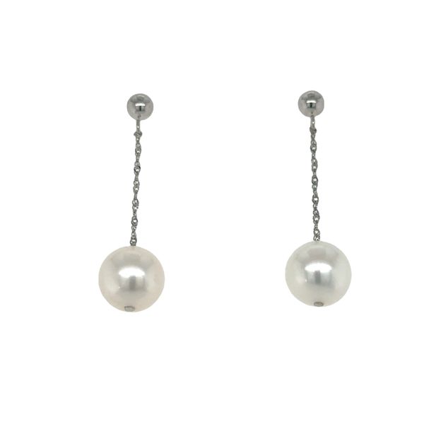 14KT WHITE GOLD DROP EARRINGS WITH BALL POSTS AN 9-9.5MM ROUND PEARLS Lennon's W.B. Wilcox Jewelers New Hartford, NY