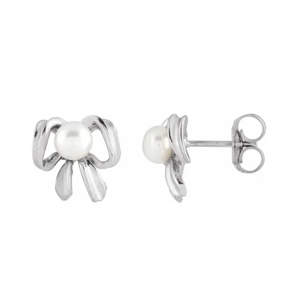 14KT WG CULTURED FRESHWATER 4MM PEARL BOW EARRINGS Lennon's W.B. Wilcox Jewelers New Hartford, NY