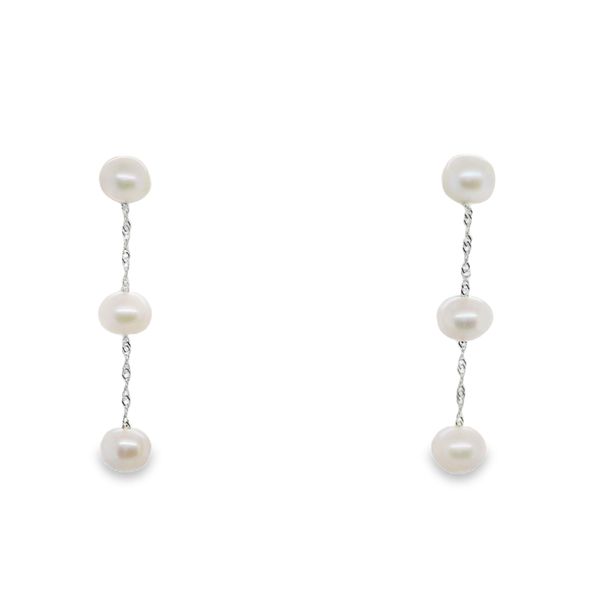 14KT WG DANGLE EARRINGS CONTAINING 3 6-6.5MM SEMI-ROUND PEARLS EACH Lennon's W.B. Wilcox Jewelers New Hartford, NY