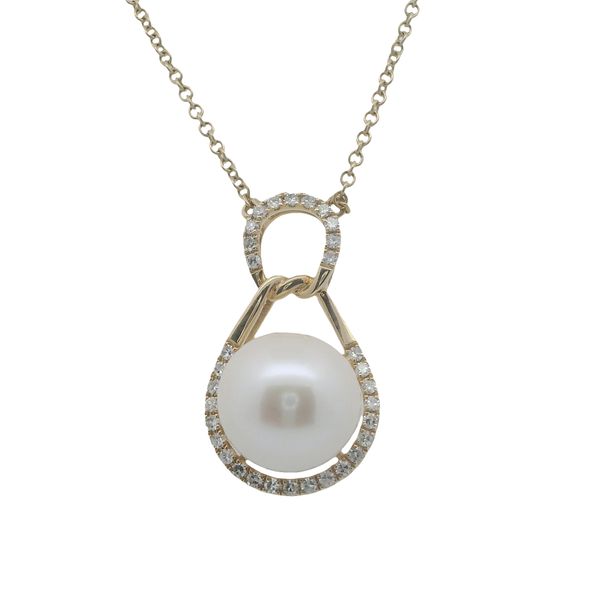 14KT YG NECKLACE WITH ONE PEARL 7.8TW WITH ROUND DIAMONDS UNDERNEATH AND ON BAIL .22CTTW Lennon's W.B. Wilcox Jewelers New Hartford, NY