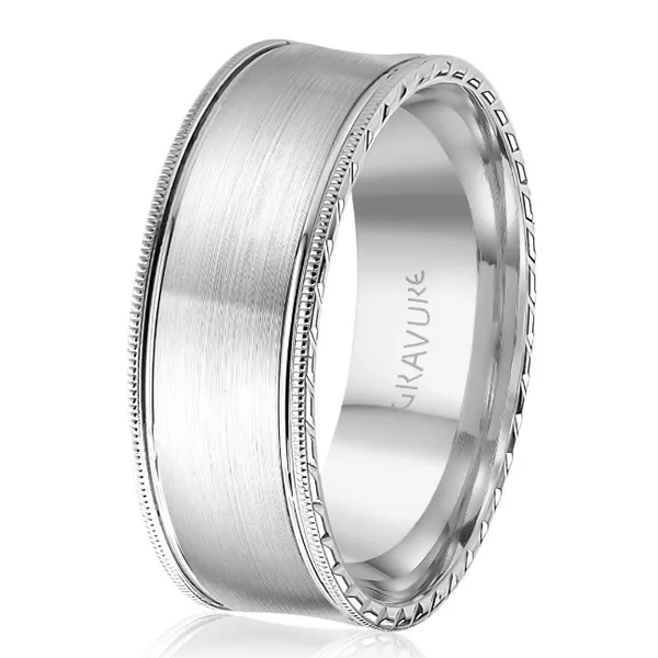 14KT WG 8MM WEDDING BAND WITH A SATIN CONCAVE CENTER EMBELLISHED WITH A MILGRAIN AND DETAILED DESIGN EDGES Lennon's W.B. Wilcox Jewelers New Hartford, NY