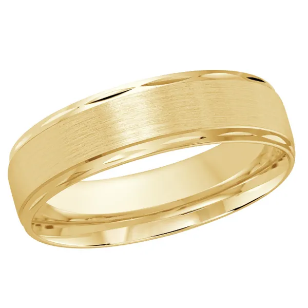 14KT YG WEDDING BAND WITH A SATIN CENTER AND MULTIPLE CUTS ALONG ITS HIGH POLISHED EDGES Lennon's W.B. Wilcox Jewelers New Hartford, NY