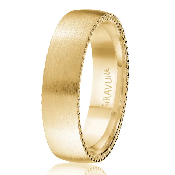 14KT YG 6MM WEDDING BAND WITH A SATIN CENTER AND DETAILED DESIGN EDGES Lennon's W.B. Wilcox Jewelers New Hartford, NY
