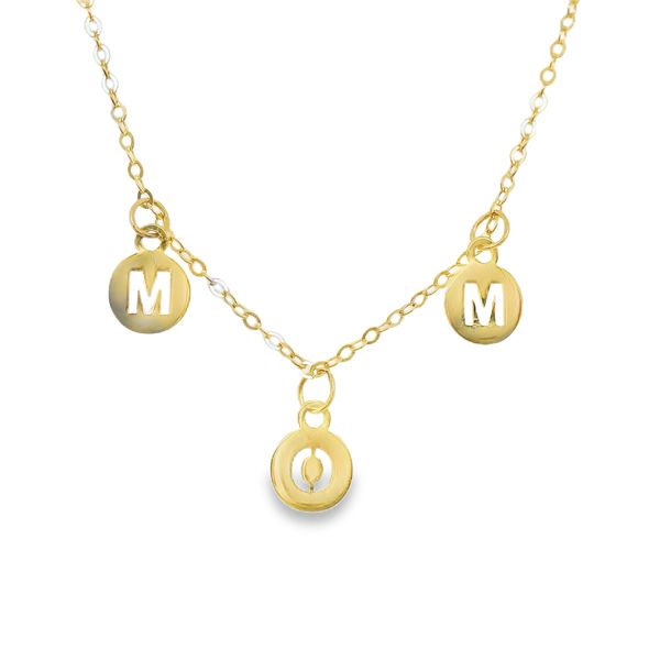 14K YG 18" FINE CHAIN WITH 3 DISCS SPELLING "MOM" HANGING FROM CENTER Lennon's W.B. Wilcox Jewelers New Hartford, NY