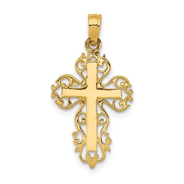 10K YG SMALL FILIGREE EDGED CROSS WITH POLISHED CENTER Lennon's W.B. Wilcox Jewelers New Hartford, NY