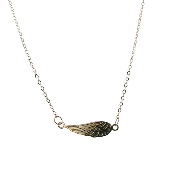 14K YG FINE LIN CHAIN WITH SIDEWAYS ANGEL WING IN CENTER SPRING RING CLASP  16" WITH 2" EXTENDER Lennon's W.B. Wilcox Jewelers New Hartford, NY