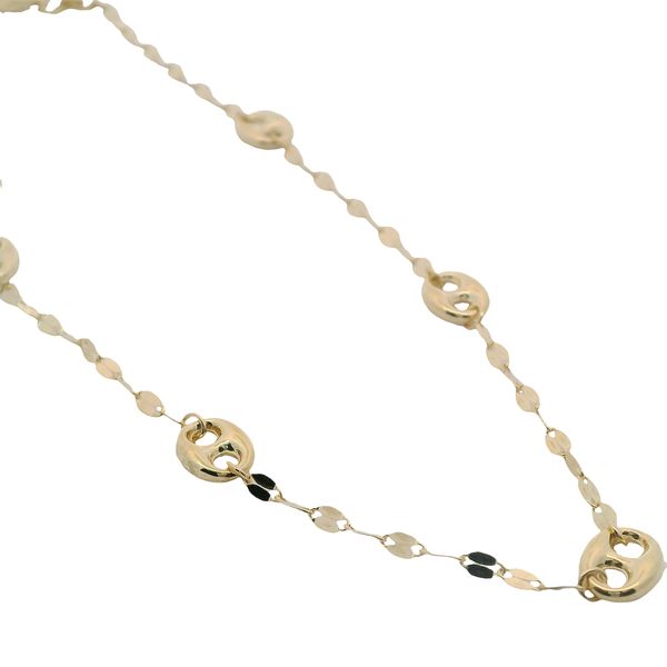 14K YG 10" MIRROR LINK ANKLET WITH 5 PUFFED LINKS SPACED THROUGHOUT. Lennon's W.B. Wilcox Jewelers New Hartford, NY