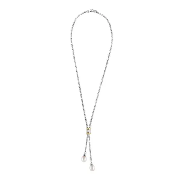 SS AND 18KT YG 17" LARIAT PEARL NECKLACE W/ ROUND DIAMONDS .13CTTW Lennon's W.B. Wilcox Jewelers New Hartford, NY