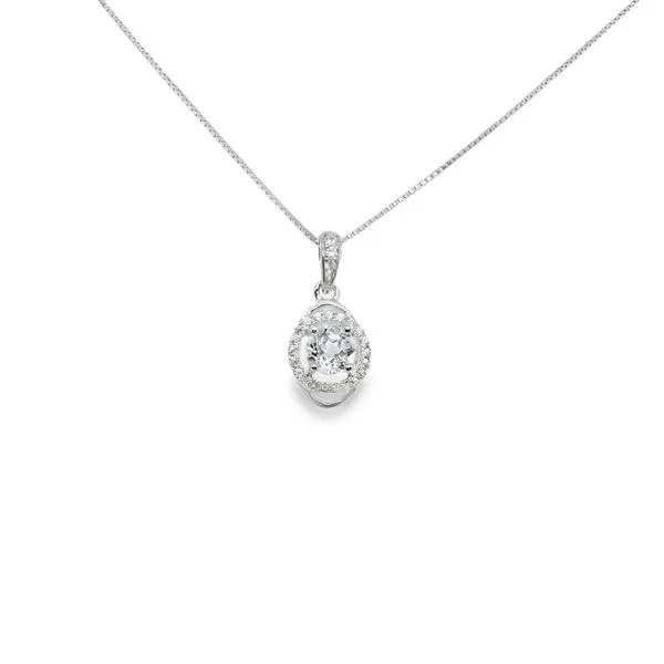 SS 5MM ROUND WHITE TOPAZ W/ CZ HALO PENDANT WITH 18'' BOX CHAIN Lennon's W.B. Wilcox Jewelers New Hartford, NY