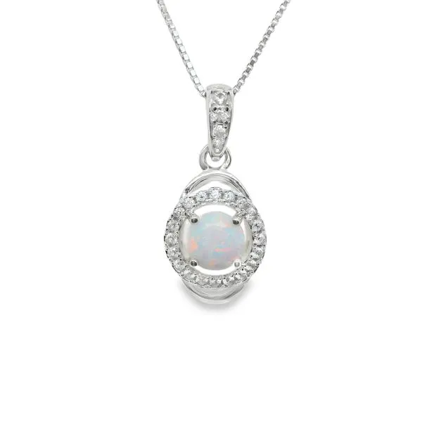 SILVER 5MM LAB CREATED OPAL W/ 24 ROUND CZ HALO - BAIL ON 18" BOX CHAIN Lennon's W.B. Wilcox Jewelers New Hartford, NY