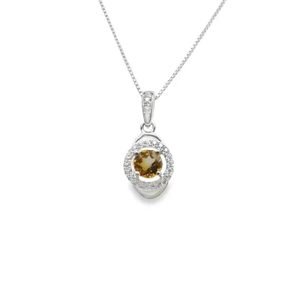 STERLING SILVER  5MM ROUND CITRINE W/ CZ HALO PENDANT WITH 18'' BOX CHAIN Lennon's W.B. Wilcox Jewelers New Hartford, NY