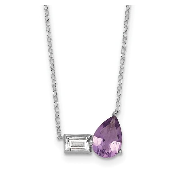S.S. PEAR SHAPED GEN. AMETHYST  AND BAGUETTE WHITE TOPAZ ON 16" CHAIN WITH EXTENDER Lennon's W.B. Wilcox Jewelers New Hartford, NY