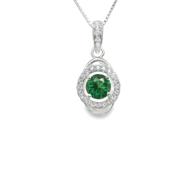 SS 5MM ROUND LAB EMERALD  W/ CZ HALO PENDANT ON 18" SS BOX CHAIN Lennon's W.B. Wilcox Jewelers New Hartford, NY
