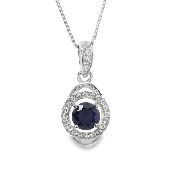 SS 5MM ROUND LAB SAPPHIRE W/ CZ HALO PENDANT Lennon's W.B. Wilcox Jewelers New Hartford, NY