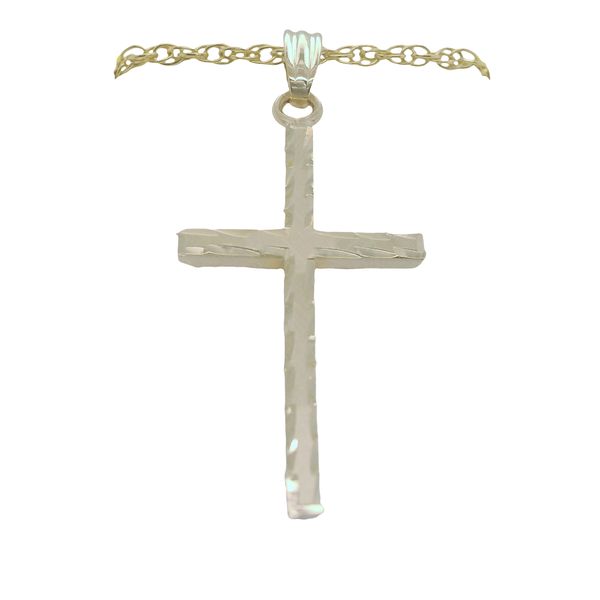 14K GOLD FILLED MED SQUARE CROSS SATIN FINISH WITH DIAMOND CUTS AROUND OUTER EDGE  ON 18" GF ROPE CHAIN Lennon's W.B. Wilcox Jewelers New Hartford, NY