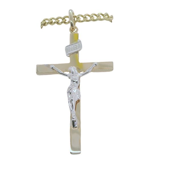 14KY GOLD FILLED LARGE 2-TONE POLISHED CRUCIFIX ON 24" GOLD PLATED STAINLESS STEEL CHAIN Lennon's W.B. Wilcox Jewelers New Hartford, NY