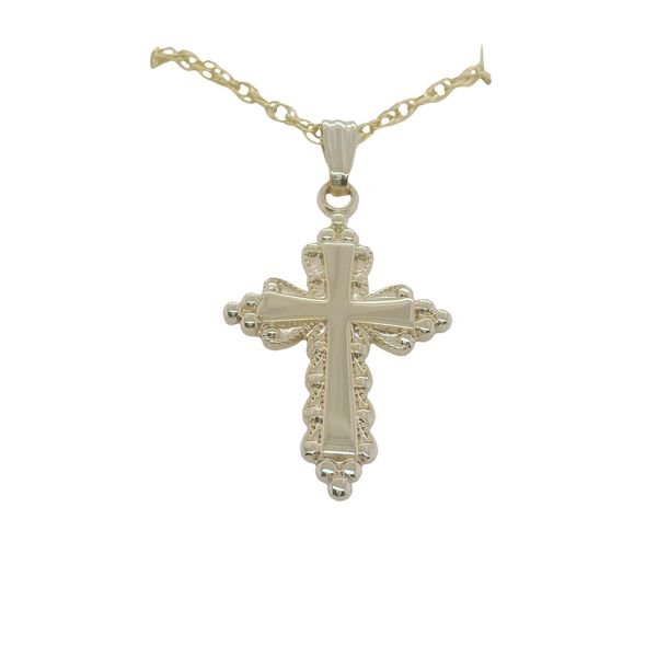 14K YELLOW GOLD FILLED SMALL FILIGREE EDGE CROSS ON 18" GOLD FILLED CHAIN Lennon's W.B. Wilcox Jewelers New Hartford, NY