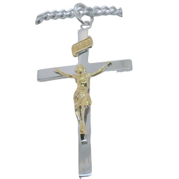 STERLING SILVER LARGE 2-TONE CRUCIFIX PENDANT ON 24" STAINLESS STEEL CURB LINK CHAIN Lennon's W.B. Wilcox Jewelers New Hartford, NY