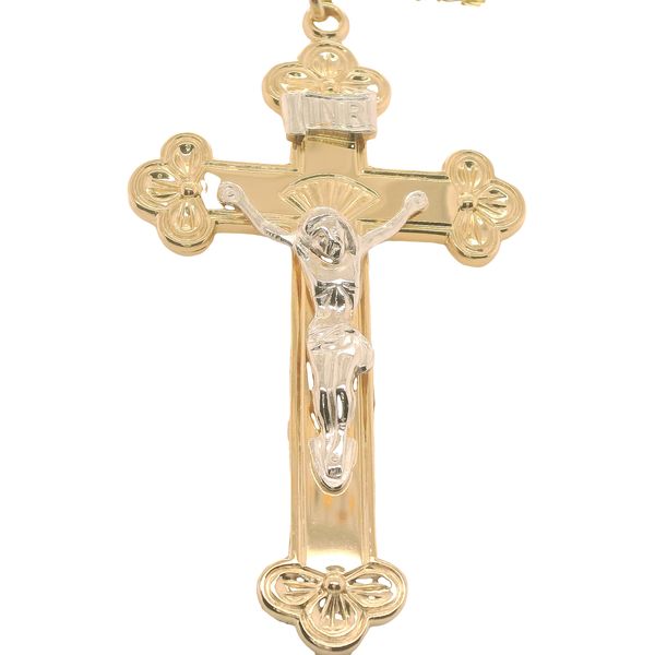 X-LG GOLD FILLED 2-TONE FANCY CRUCIFIX ON 24" STAINLESS STEEL CURB LINK CHAIN Lennon's W.B. Wilcox Jewelers New Hartford, NY