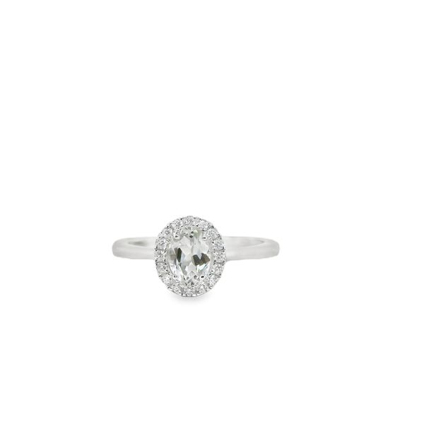 LADY'S SS FASHION RING WITH ONE 0.96CT OVAL WHITE TOPAZ AND 16=0.12TW ROUND CUBIC ZIRCONIUMS HALO Lennon's W.B. Wilcox Jewelers New Hartford, NY