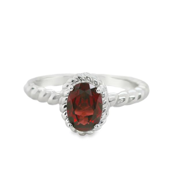 LADIES STERLING SILVER GENUINE GARNET 7X5 OVAL RING WITH TWIST DESIGN Lennon's W.B. Wilcox Jewelers New Hartford, NY