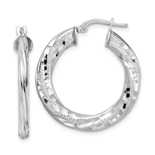 Sterling Silver Rhodium Plated Diamond Cut Twisted Hoops Lennon's W.B. Wilcox Jewelers New Hartford, NY