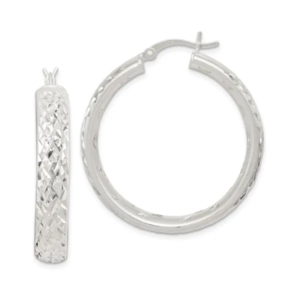 STERLING SILVER SATIN AND DIAMOND-CUT ROUND HOOP EARRINGS Lennon's W.B. Wilcox Jewelers New Hartford, NY