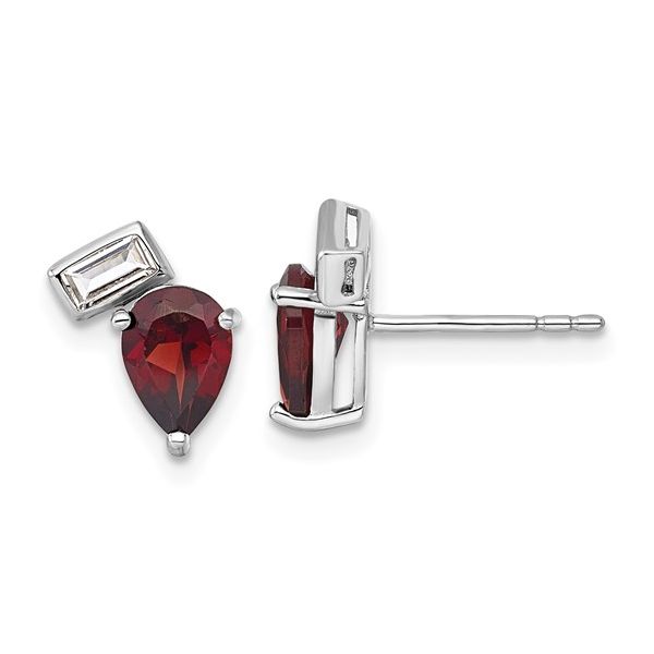 S.S. PEAR SHAPED GARNET AND WHITE TOPAZ BAGUETTE POST EAR. Lennon's W.B. Wilcox Jewelers New Hartford, NY