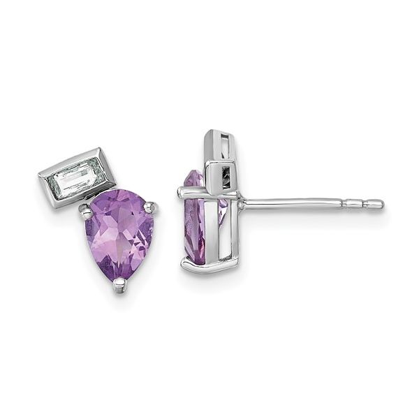 S.S. PEAR SHAPED AMETHYST WITH WHITE TOPAZ BAGUETTE POST EAR. Lennon's W.B. Wilcox Jewelers New Hartford, NY