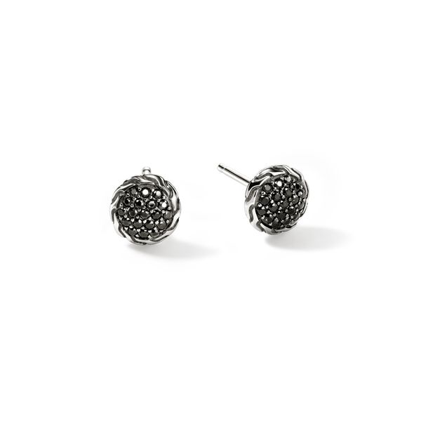 ESSENTIALS ROUND SILVER 7MM STUD EARRINGS WITH ROUND BLACK SAPPHIRES Lennon's W.B. Wilcox Jewelers New Hartford, NY