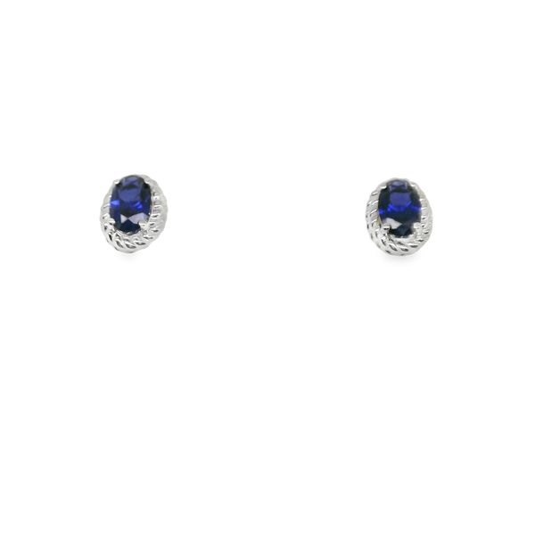 S.S. CREATED SAPPHIRE 6X4 OVAL POST EARRINGS WITH TWISTED ROPE EDGE Lennon's W.B. Wilcox Jewelers New Hartford, NY