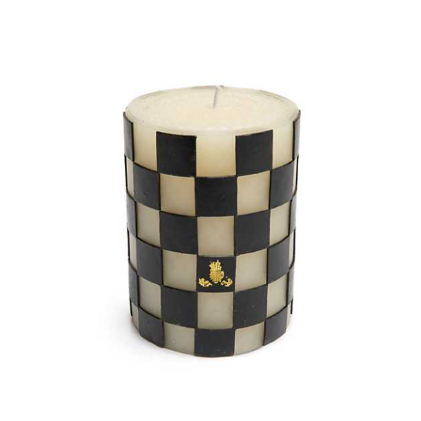 MACKENZIE-CHILDS CHECK 4" BLACK PILLAR CANDLE Lennon's W.B. Wilcox Jewelers New Hartford, NY