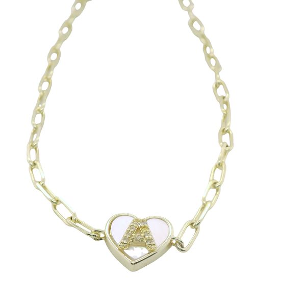 LOVE LETTERS HEART BRAC. GOLD PLATED OVER SILVER WITH MOP HEART AND CZ INITIAL A Lennon's W.B. Wilcox Jewelers New Hartford, NY