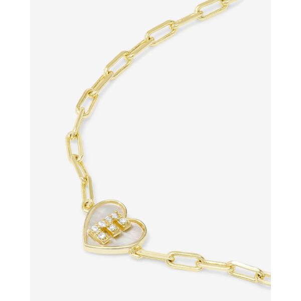 LOVE LETTERS HEART BRAC. GOLD PLATED OVER SILVER WITH MOP HEART AND CZ INITIAL  "E" Lennon's W.B. Wilcox Jewelers New Hartford, NY