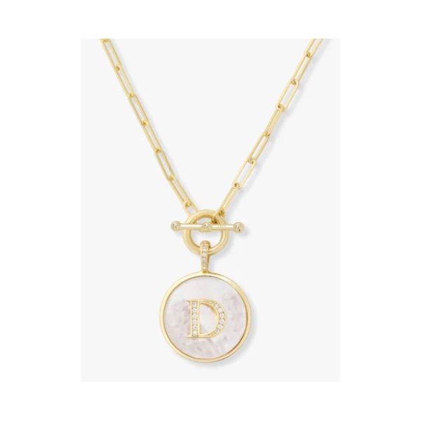 LOVE LETTERS MEDALLION NECKLACE - LETTER "D"<br>18K GOLD PLATED OVER BRASS<br>MOTHER OF PEARL & PAVÉ SIMULATED DIAMONDS<br>20 INCHES Lennon's W.B. Wilcox Jewelers New Hartford, NY
