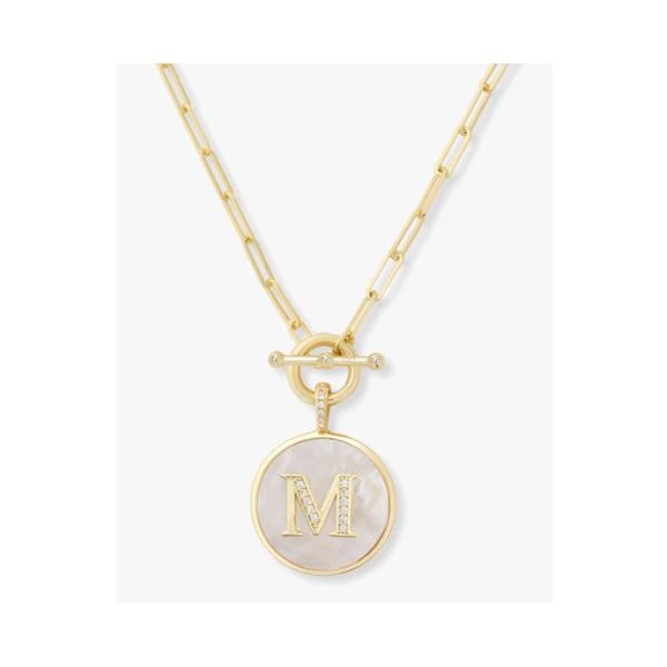LOVE LETTERS MEDALLION NECKLACE - LETTER "M"<br>18K GOLD PLATED OVER BRASS<br>MOTHER OF PEARL & PAVÉ SIMULATED DIAMONDS<br>20 INCHES Lennon's W.B. Wilcox Jewelers New Hartford, NY