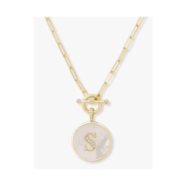 LOVE LETTERS MEDALLION NECKLACE - LETTER "S"<br>18K GOLD PLATED OVER BRASS<br>MOTHER OF PEARL & PAVÉ SIMULATED DIAMONDS<br>20 INCHES Lennon's W.B. Wilcox Jewelers New Hartford, NY