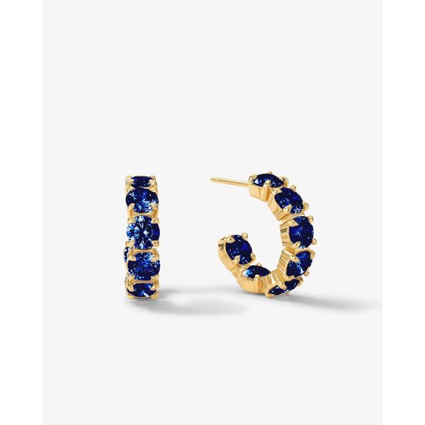 OH SHE FANCY BLUE SAPPHIRE SYN. STONE  18K GOLD PLATED OVER BRASS HOOP EARRINGS Lennon's W.B. Wilcox Jewelers New Hartford, NY