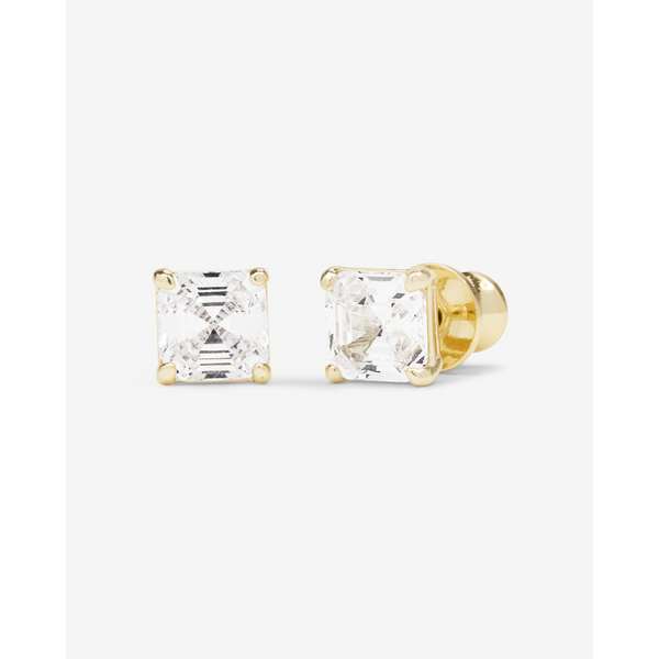 QUEENS 6MM PRINCESS CUT CZ STUD IN 4 PRONGS  18K GOLD PLATED OVER BRASS Lennon's W.B. Wilcox Jewelers New Hartford, NY