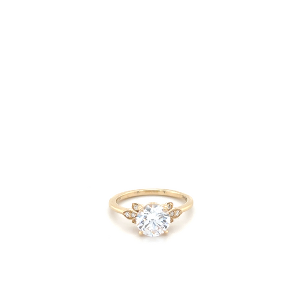 14KT YG ENG RING WITH ONE ROUND CZ 1.50CTTW AS CENTER STONE WITH LEAF DESIGN AND ROUND DIAMONDS ON EACH SIDE .07CTTW Lennon's W.B. Wilcox Jewelers New Hartford, NY