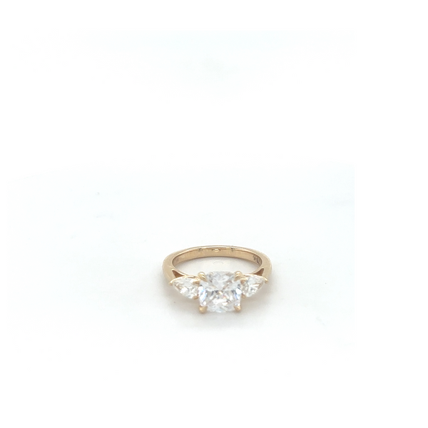 14KT YG ENG RING WITH ONE PEAR DIAMOND ON EACH SIDE .66CTTW WITH ONE CUSHION CENTER CZ 2.00CTTW Lennon's W.B. Wilcox Jewelers New Hartford, NY